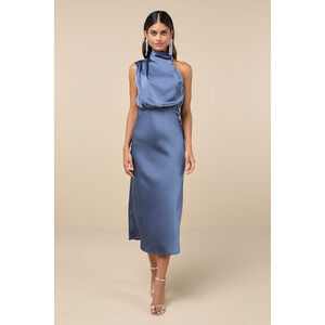 Lulus Distinctive Charm Slate Blue Satin Asymmetrical Midi Dress